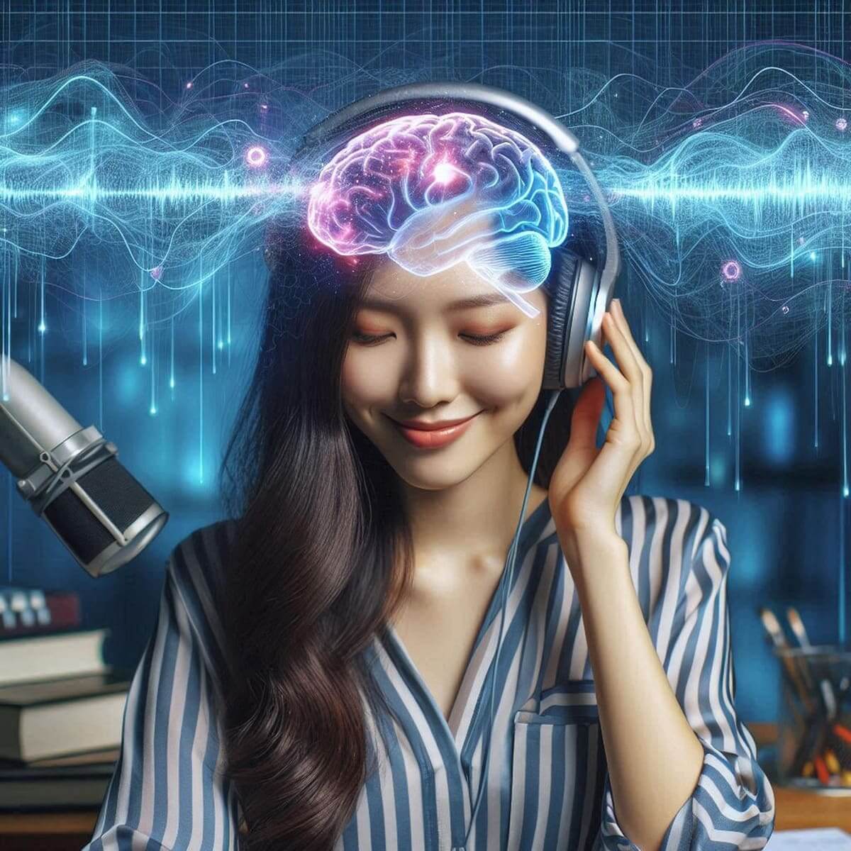 Woman listening to music through headphones
