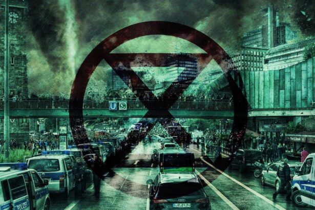 Clean energy. Dirty, grungy, smog-filled city with 2 lanes of traffic. A visual of how fossil fuels worsen climate change.