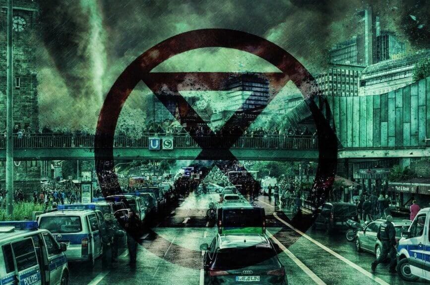 Clean energy. Dirty, grungy, smog-filled city with 2 lanes of traffic. A visual of how fossil fuels worsen climate change.