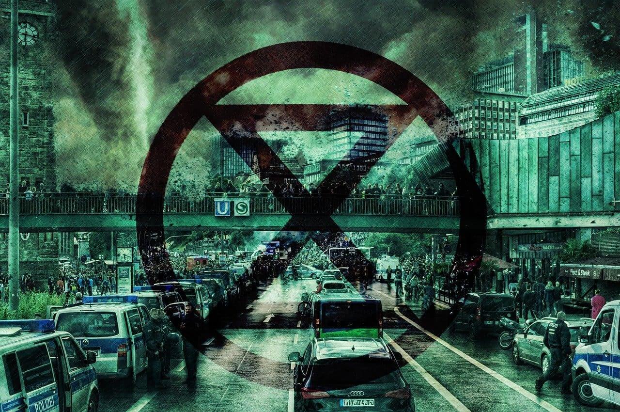 Clean energy. Dirty, grungy, smog-filled city with 2 lanes of traffic. A visual of how fossil fuels worsen climate change.