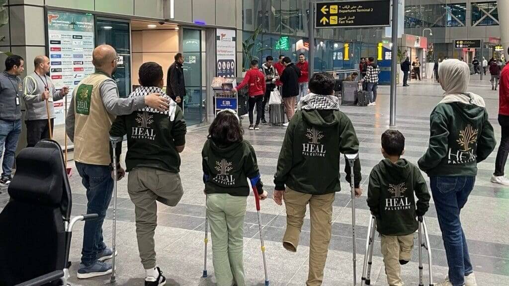 Child amputees from Gaza leaving a Cairo hospital