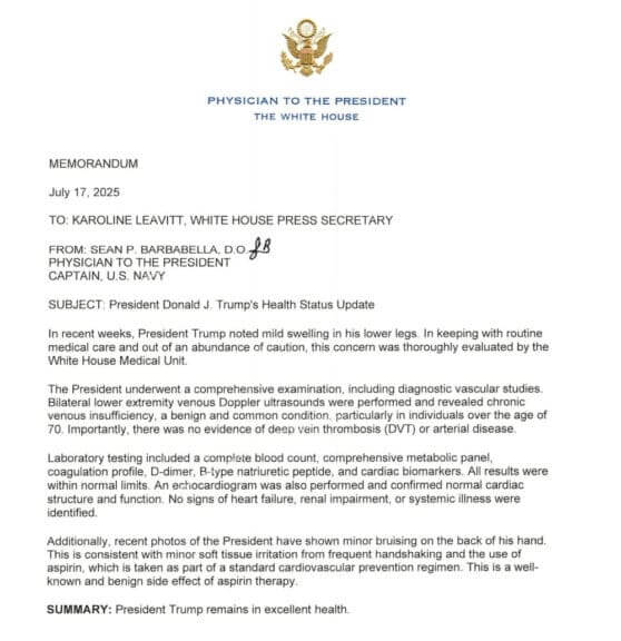 A doctor’s note explaining the bruises on trump’s hands.