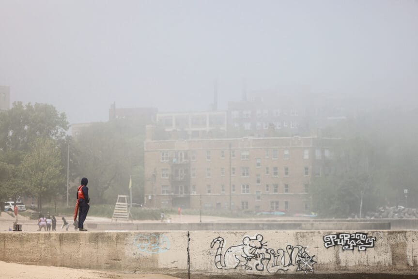 Lifeguard in wildfire smoke. Pollution sensors