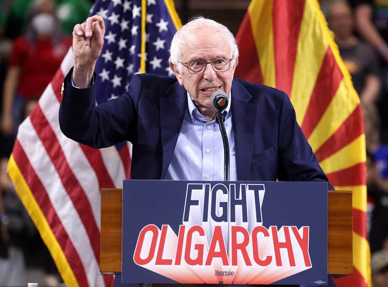 Bernie sanders speaking in arizona at a rally for his fight the oligarchy tour.