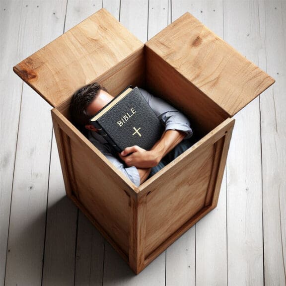 Man hiding in a wooden box clutching a Bible