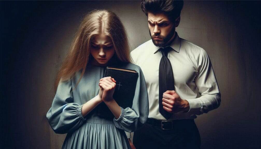 Christian Nationalism represented in an AI-generated image of a pastor with an evil expression standing behind a scared young girl, clutching her Bible.