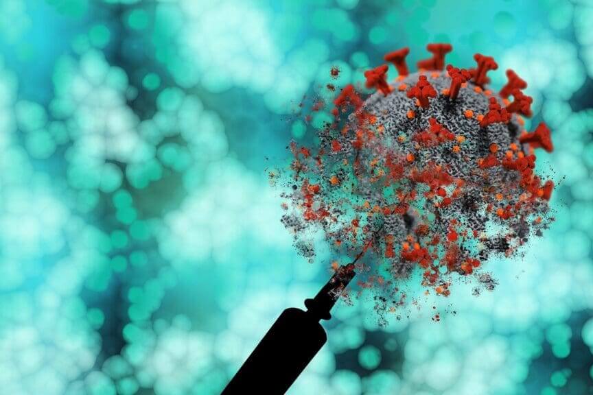 Image of a covid virus dissolving as a vaccine is injected into it.
