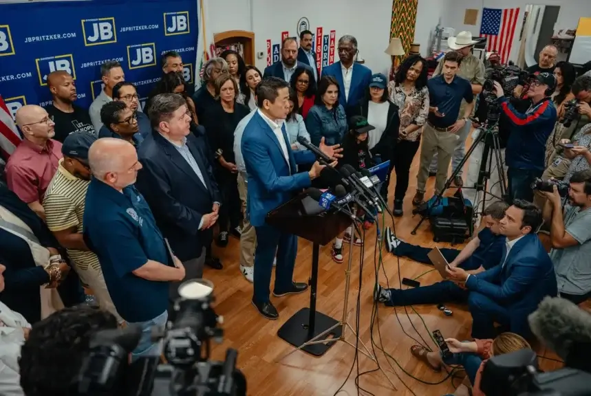 Texas dems speak during a press conference in illinois
