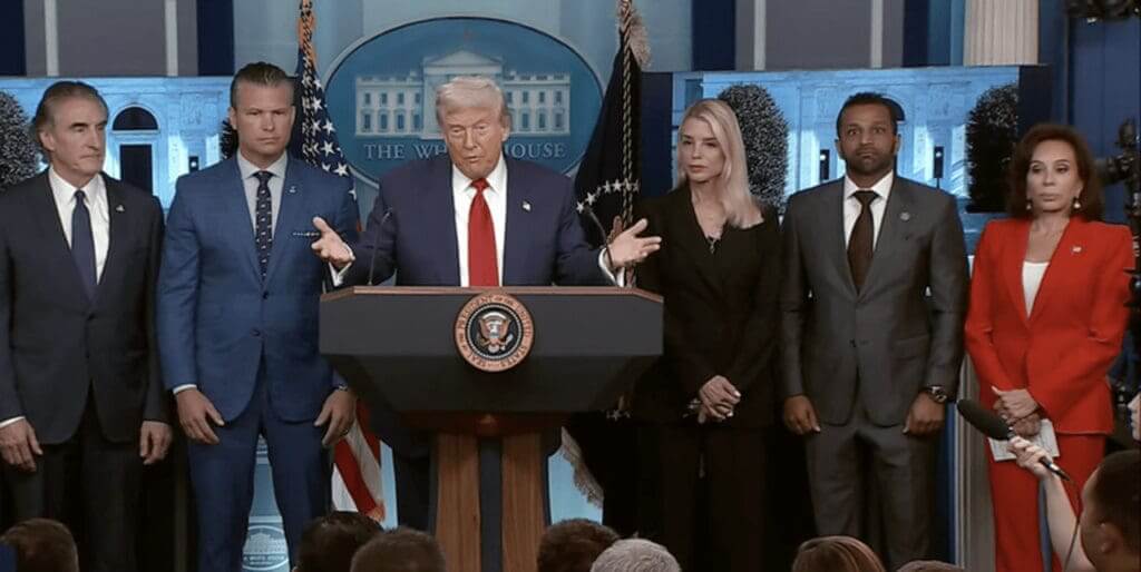 President Trump and members of his administration at a White House Press conference conto announce Trump is going full fascist and taking over U.S. cities