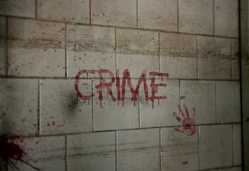 The word crime written in blood in a concrete wall.