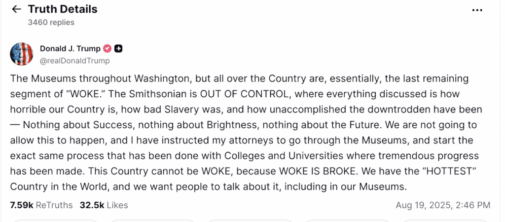 Screenshot if Trump's post about Smithsonian