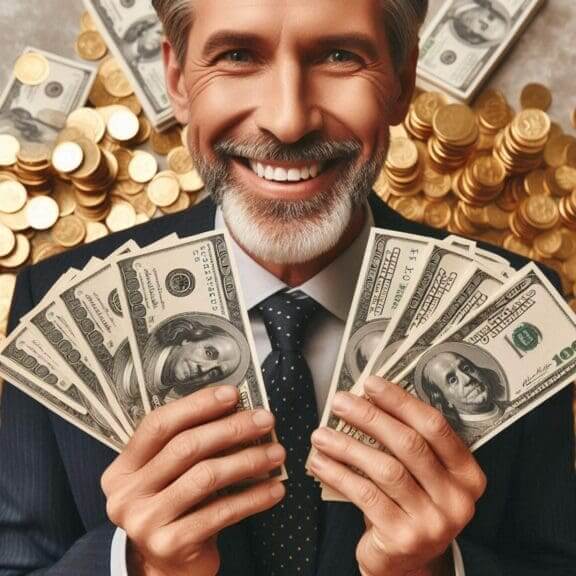 AI-generated photo of a smiling, greedy billionaire holding cash
