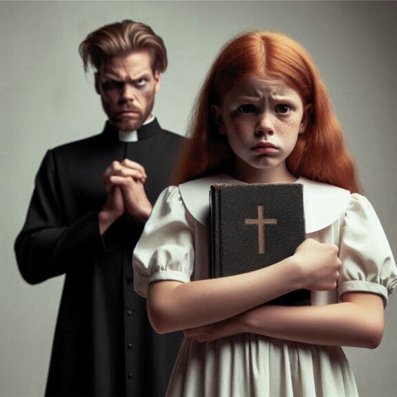 #metoo movement christian nationalism represented in an ai-generated image of a pastor with an evil expression standing behind a scared young girl, clutching her bible.