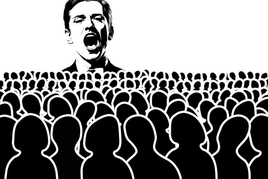 christian nationalist speaker gerd Illustration of christian nationalism, an authoritarian shouting at a huge group of people.