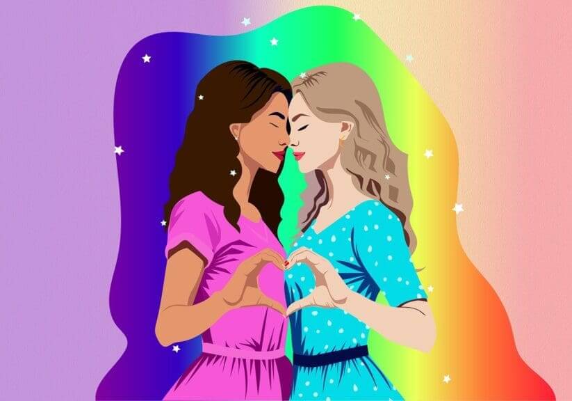 Myths about the LGBTQ+ community. Illustration of two women with foreheads touching, their hands forming a heart, on a rainbow background.