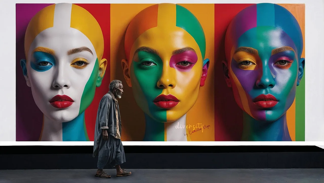 Ai-generated image of art: three women with multicolored paint on their faces representing dei