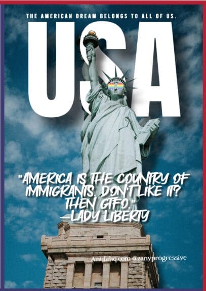 Massachusetts mother statue of liberty with text about america.