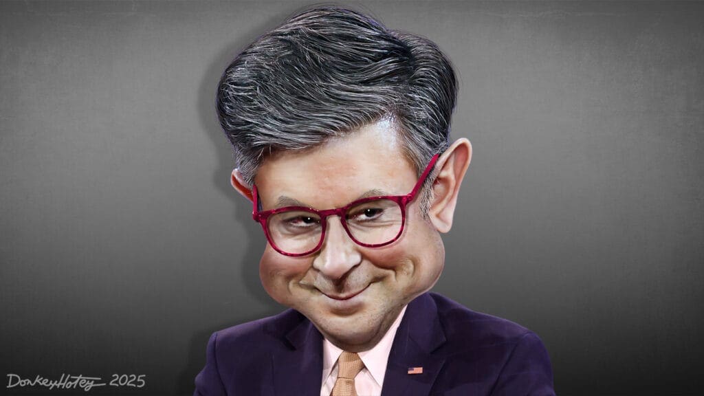 Caricature of mike johnson thinking about the healthcare con.