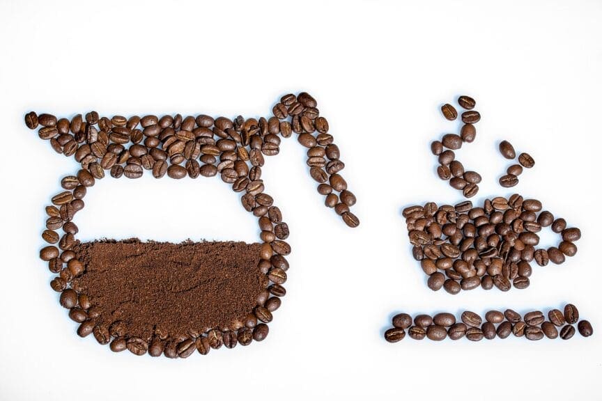 Coffee prices. Coffee beans used to create a coffee pot and mug
