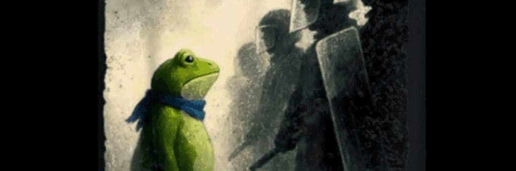 Painting of a frog standing in front of militarized police