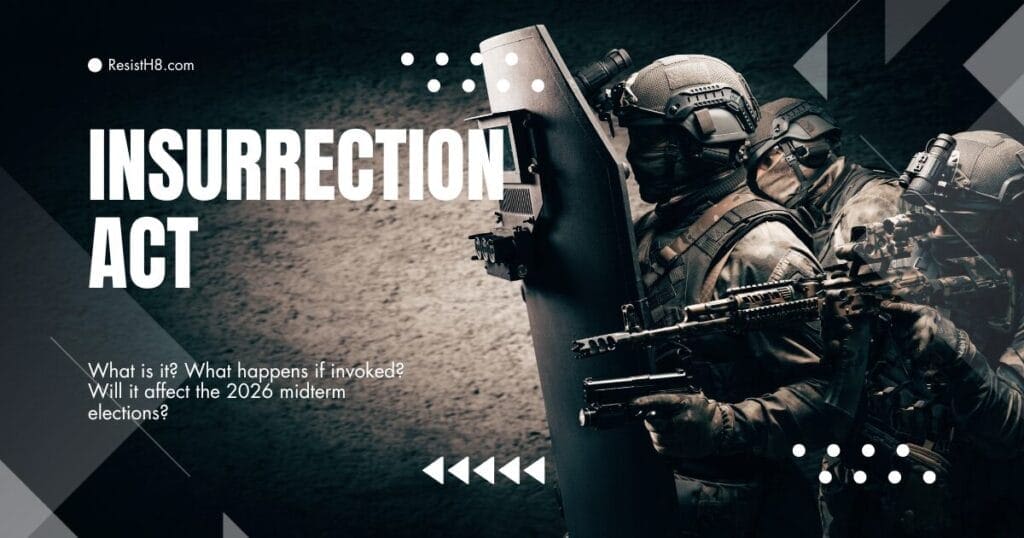 The insurrection act graphic with soldiers in background