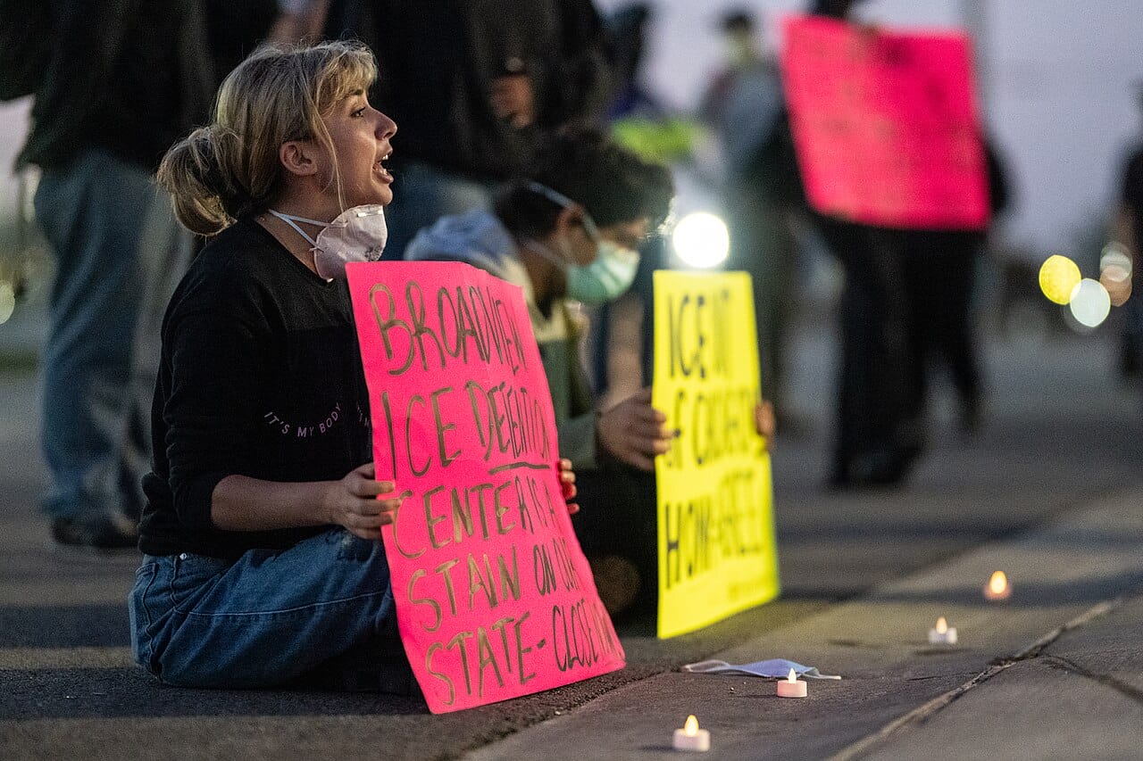 Kat abughazaleh at an anti-ice protest at the broadview uscis processing center