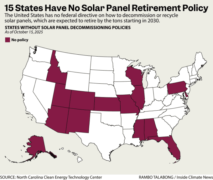 Map of US showing which states don't have a policy for handling solar panel waste