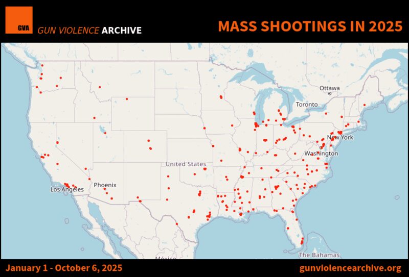 Map of mass shootings in the us in 2025