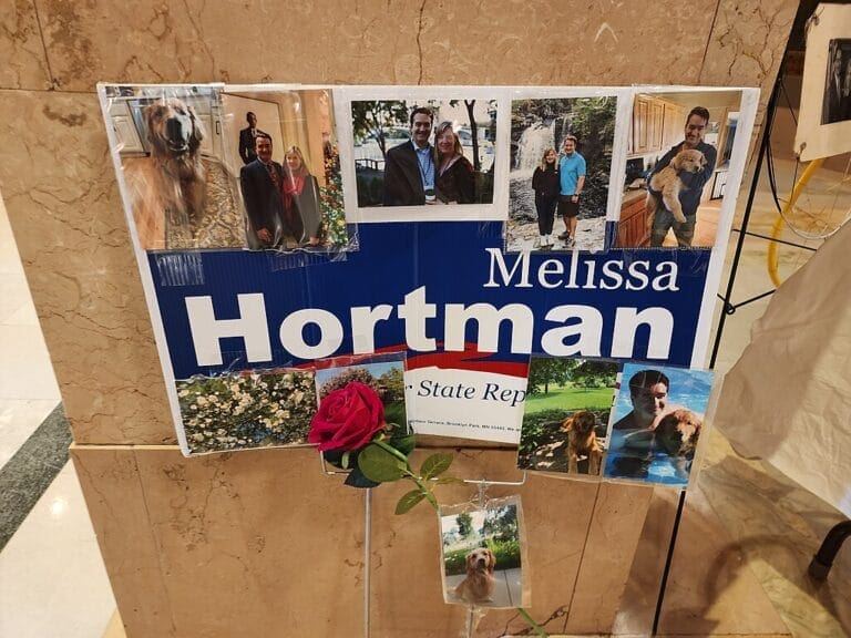 Minnesota capital: a memorial for assassinated lawmaker melissa hortman outside the house chamber.