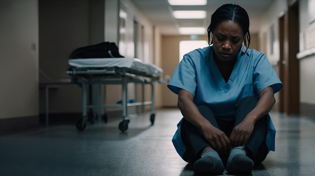 Nursing shortage a nurse sits on the floor of a dimly lit hospital hallway looking sad