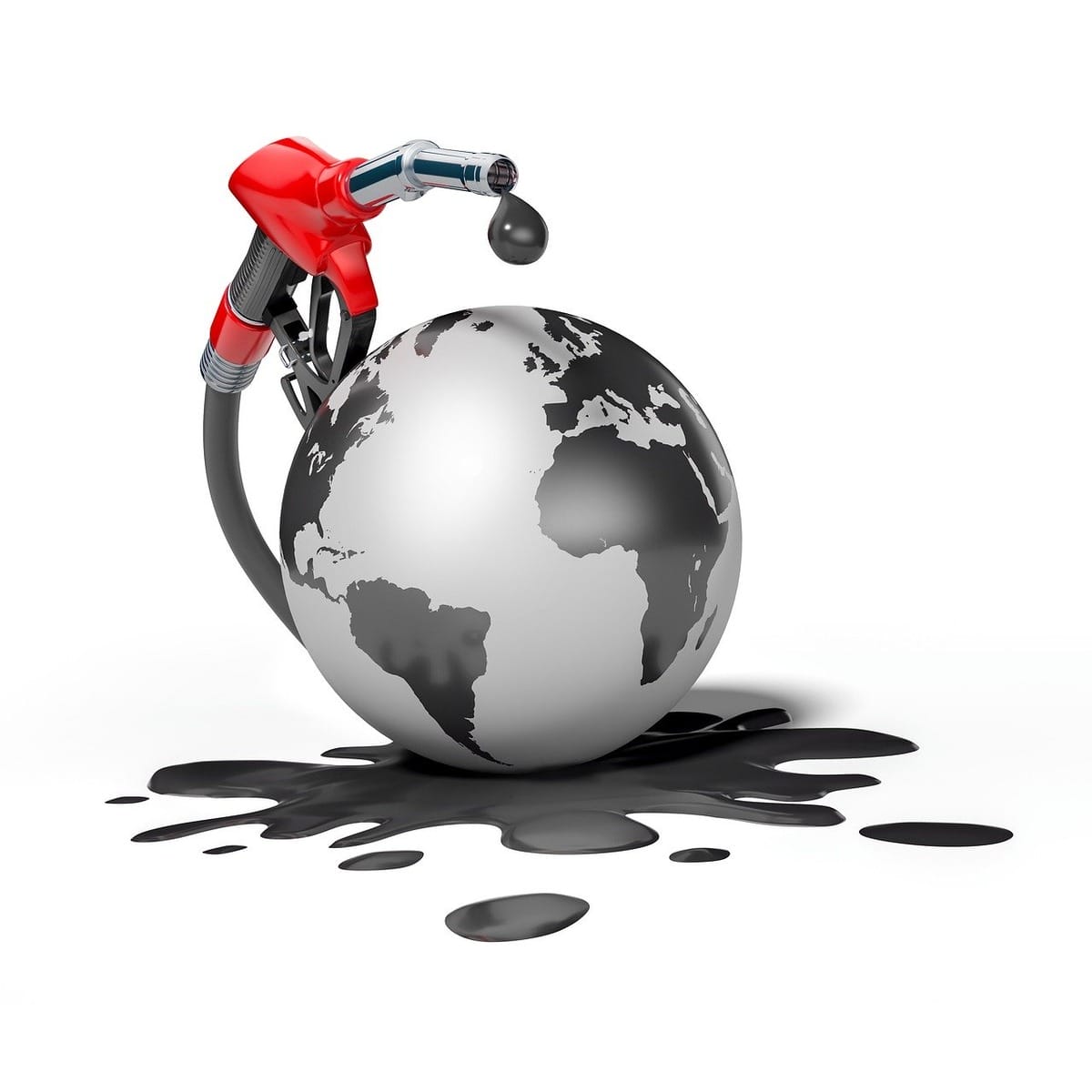 Fossil fuel ties a gas pump leaking black fluid connected to the planet