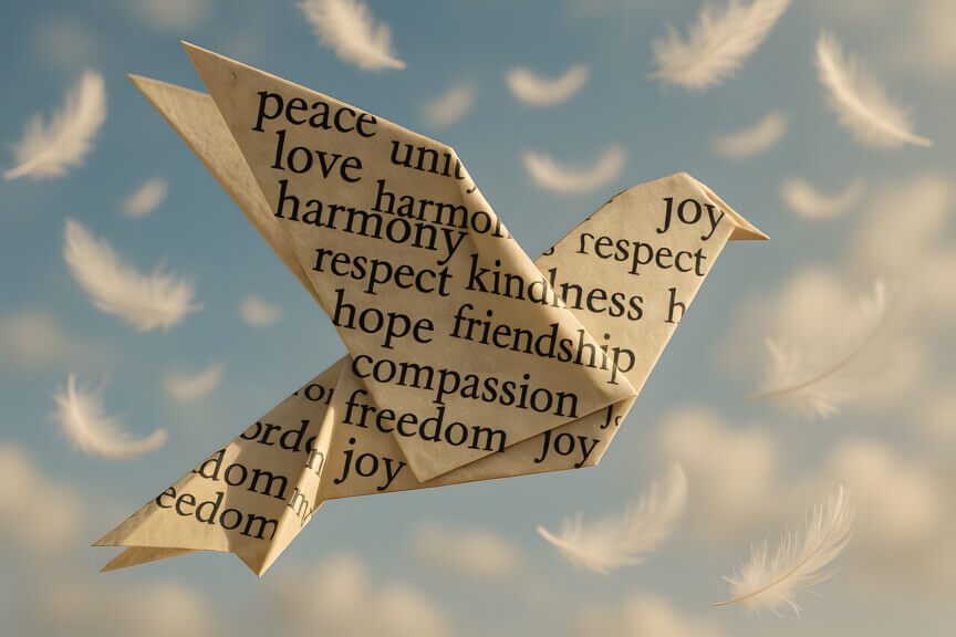 Dove origami with words related to kindness on it. No hate