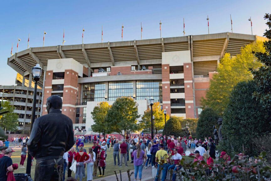 Crowds outside the bryant-denny football stadium in alabama