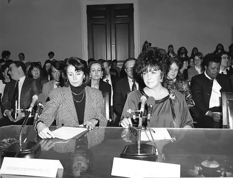 Pelosi (left) and elizabeth taylor (right) testify before a congressional committee.