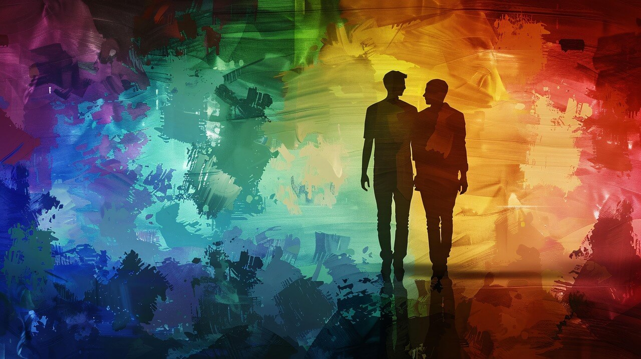 Same-sex marriage. A couple walks together in rainbow surroundings.