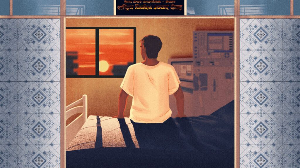 Worker watching sunrise through window