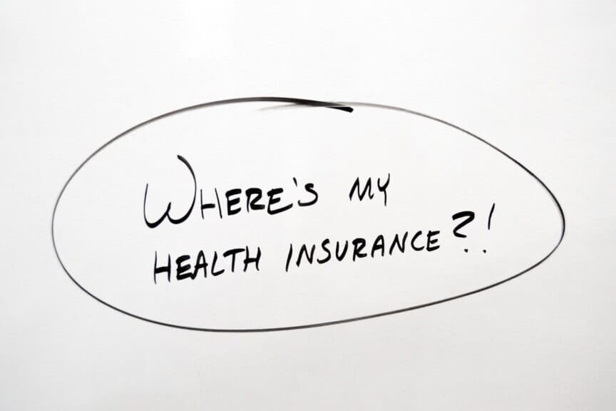 Gop healthcare scheme. Speech bubble with the question where’s my health insurance in it.