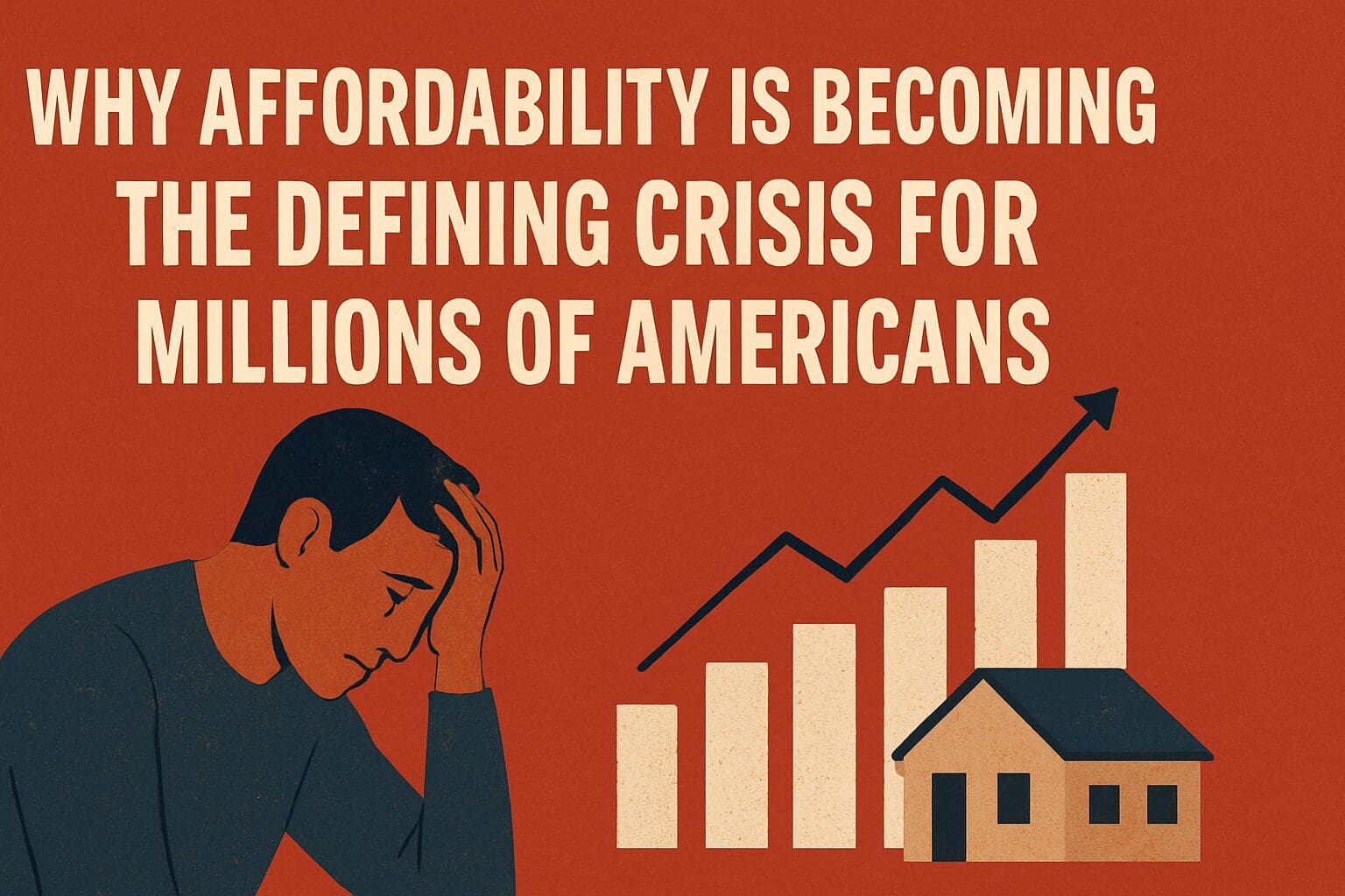 Illustration if rising housing prices next to a man with his head in his hand
