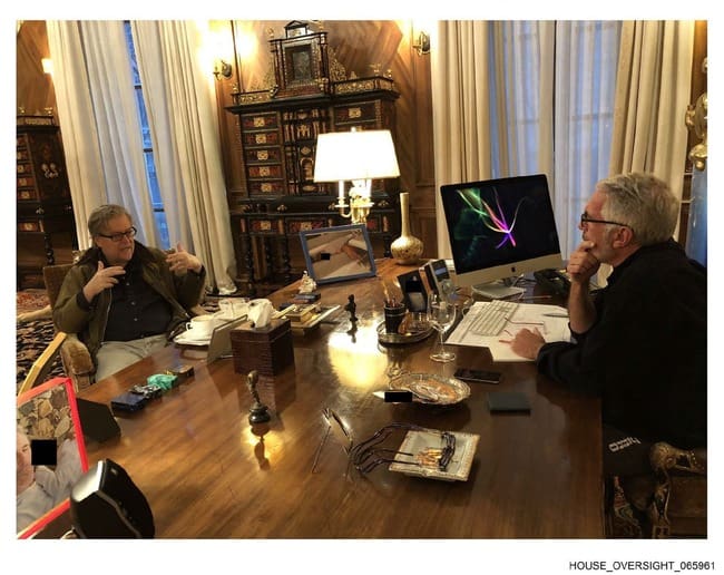 Jeffrey epstein and steve bannon talking at his desk