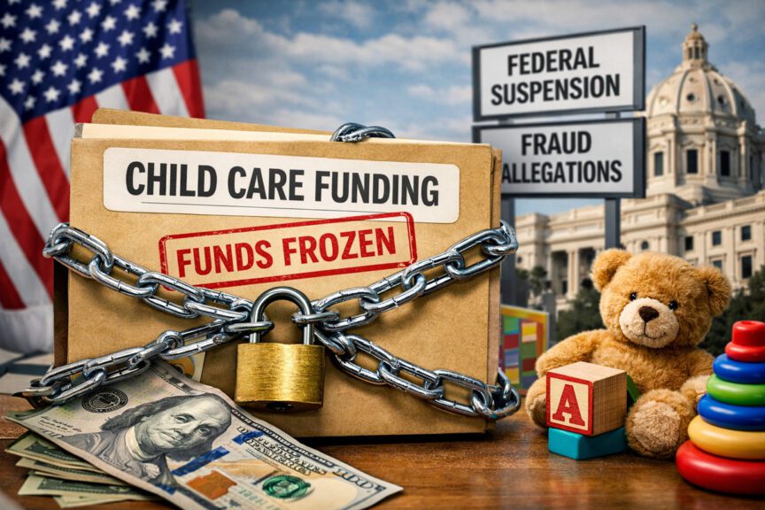 Ai-generated image of a collage indicating frozen child care payments