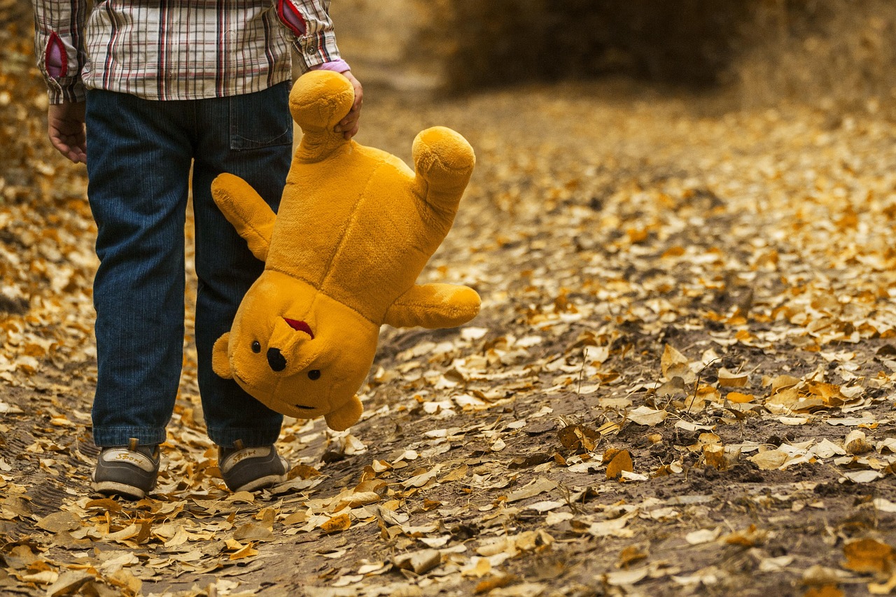 Boy carrying a teddy bear by its leg on a leaf- covered path