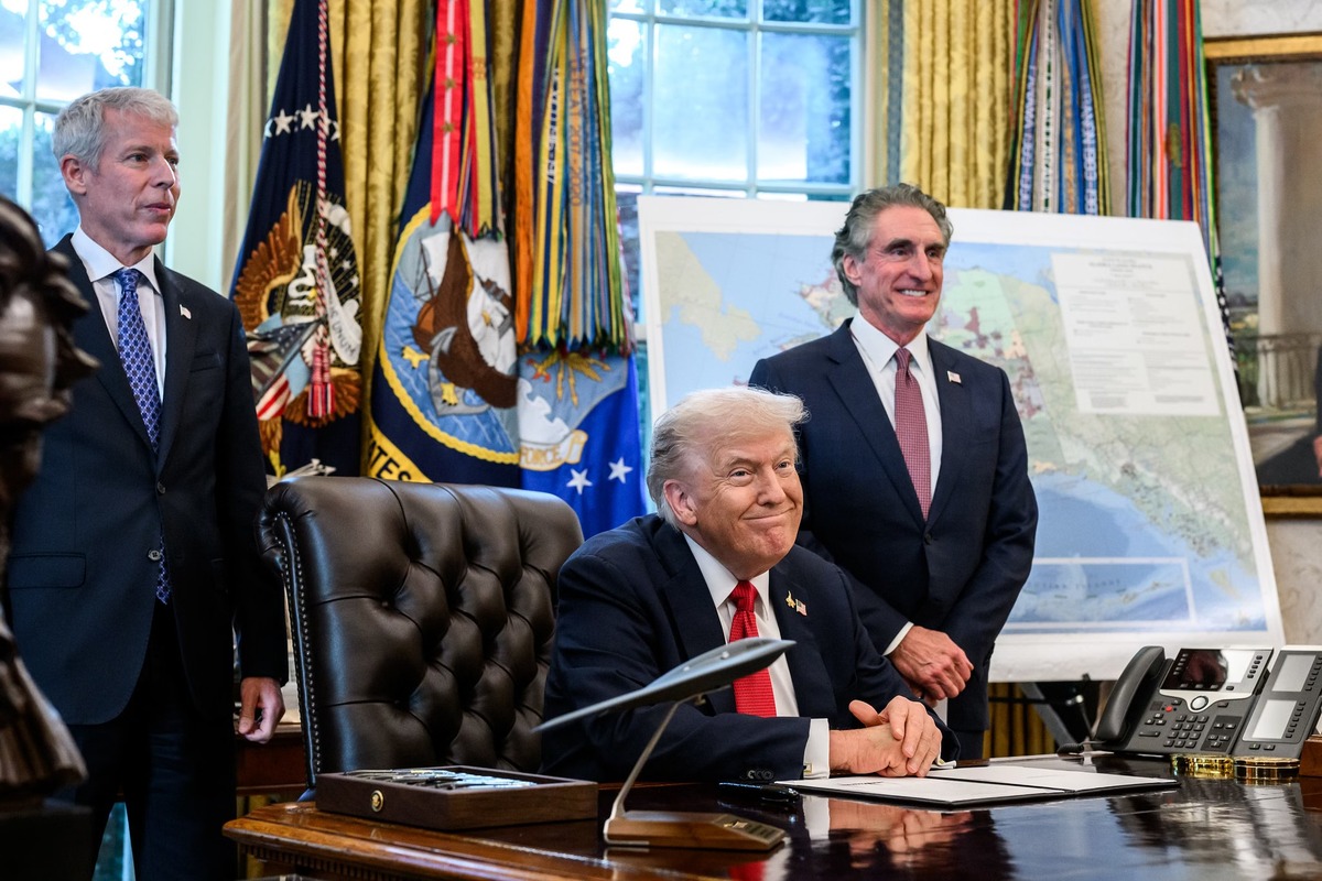 Donald trump, doug burgum, and chris wright in the oval office maga in 2035