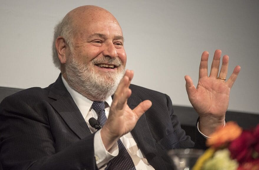 Rob reiner on stage with woody harrelson and crew from the movie “lbj”