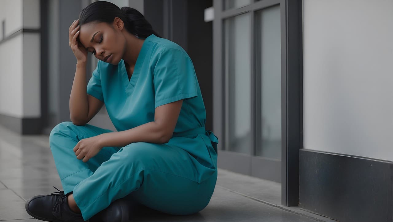 Nurses on strike in new york city. A nurse sitting on floor looking sad