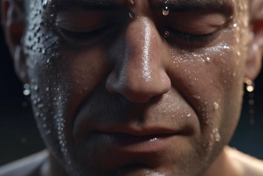 Sweaty face of a man. Hottest years
