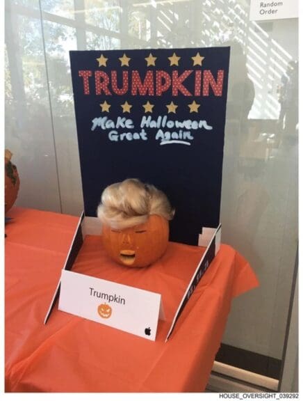 Trumpkin pumpkin dressed as trump