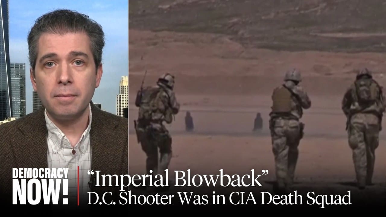 Democracy now host on split screen with soldiers. Child soldier