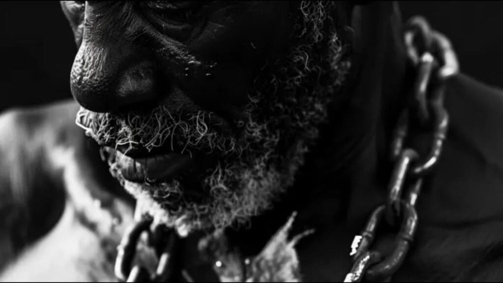 Dark photo of a “slave” with chains around his neck. Slaveholders