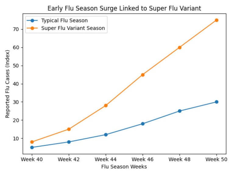 Super flu variant chart showing early surge