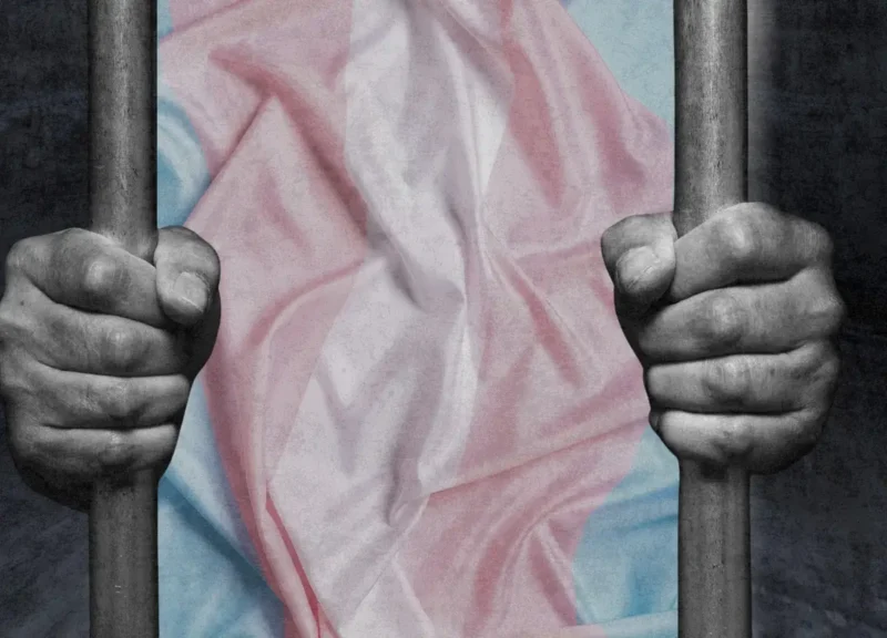 Trans women in prison. Illustration of jail cell bars and a person holding onto bars wearing t-shirt with trans support colors